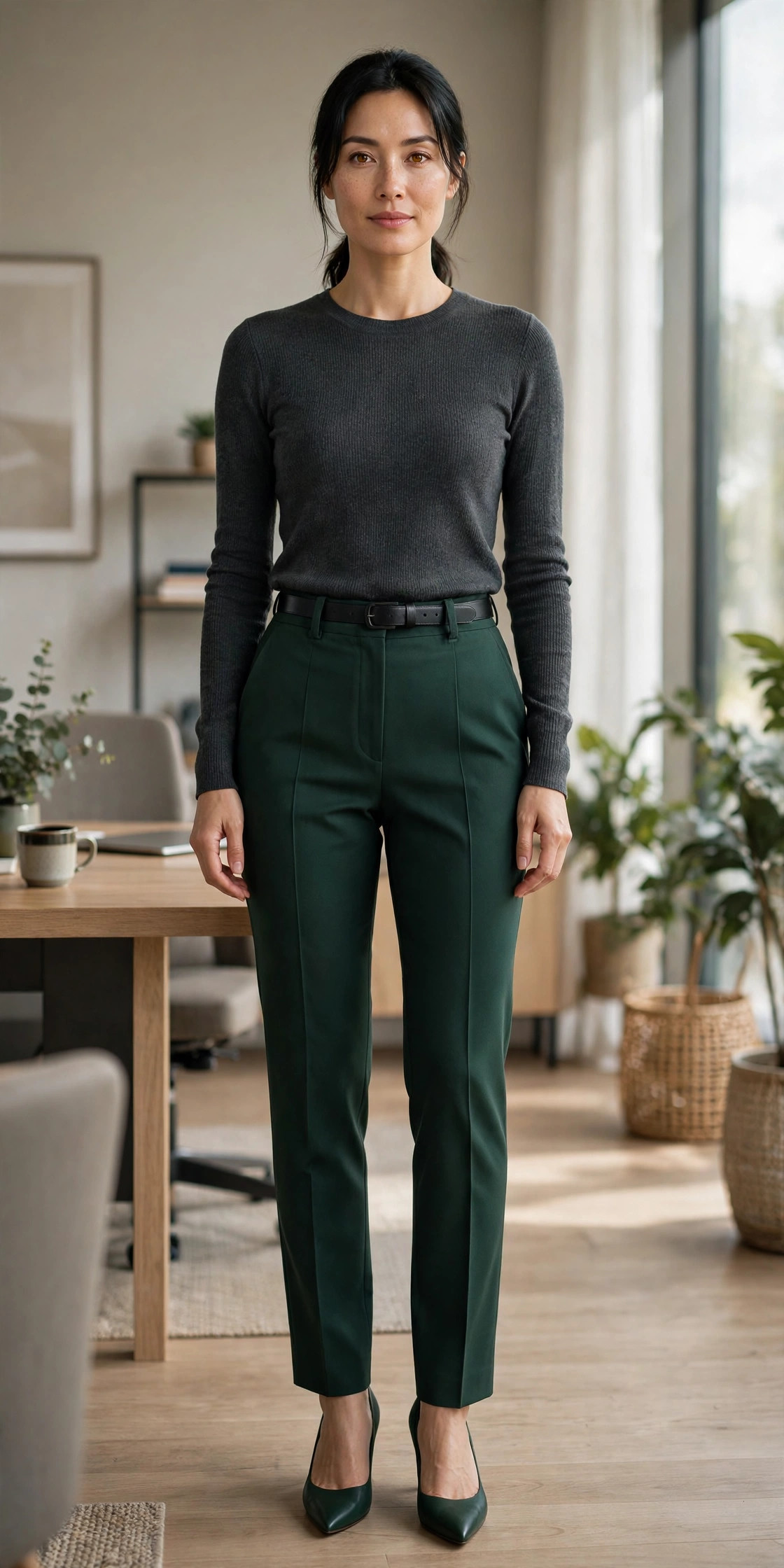 High-rise trousers with a slim tonal belt at the natural waist and a tucked fine knit, a waist-defining office outfit for short legs