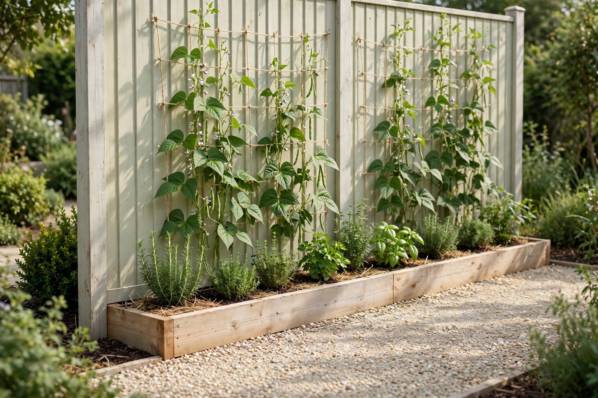 Narrow raised bed against a pale fence with climbing beans and herbs at the front edge