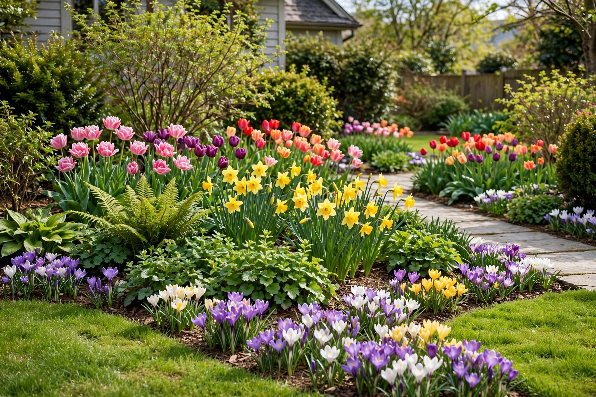 Spring bulb layers with tulips, daffodils and crocus flowering along a front path