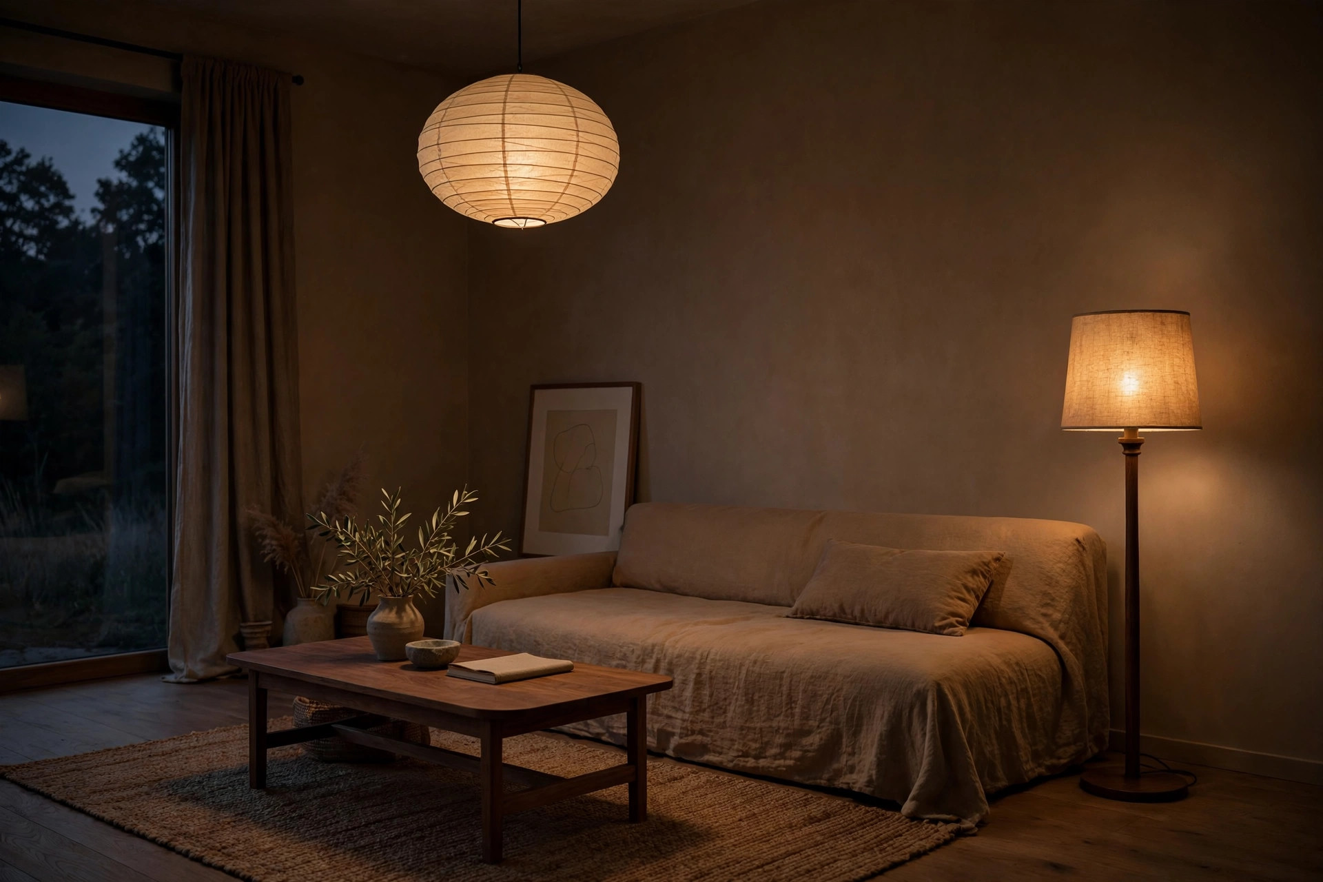 Paper pendant light and a warm floor lamp glowing softly in a minimalist brown living room at dusk