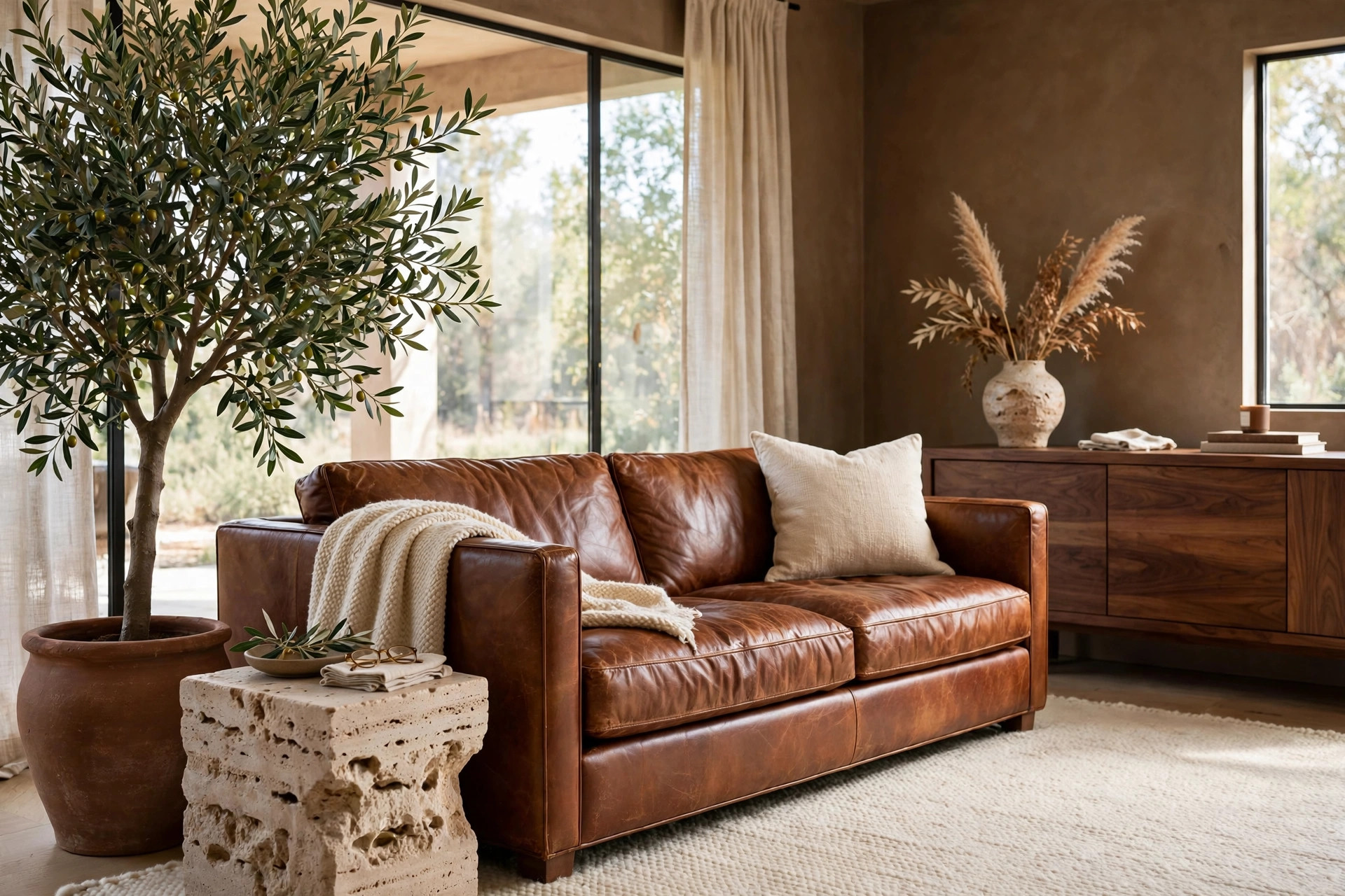 Modern brown living room with a tall olive tree, stone side table and leather sofa