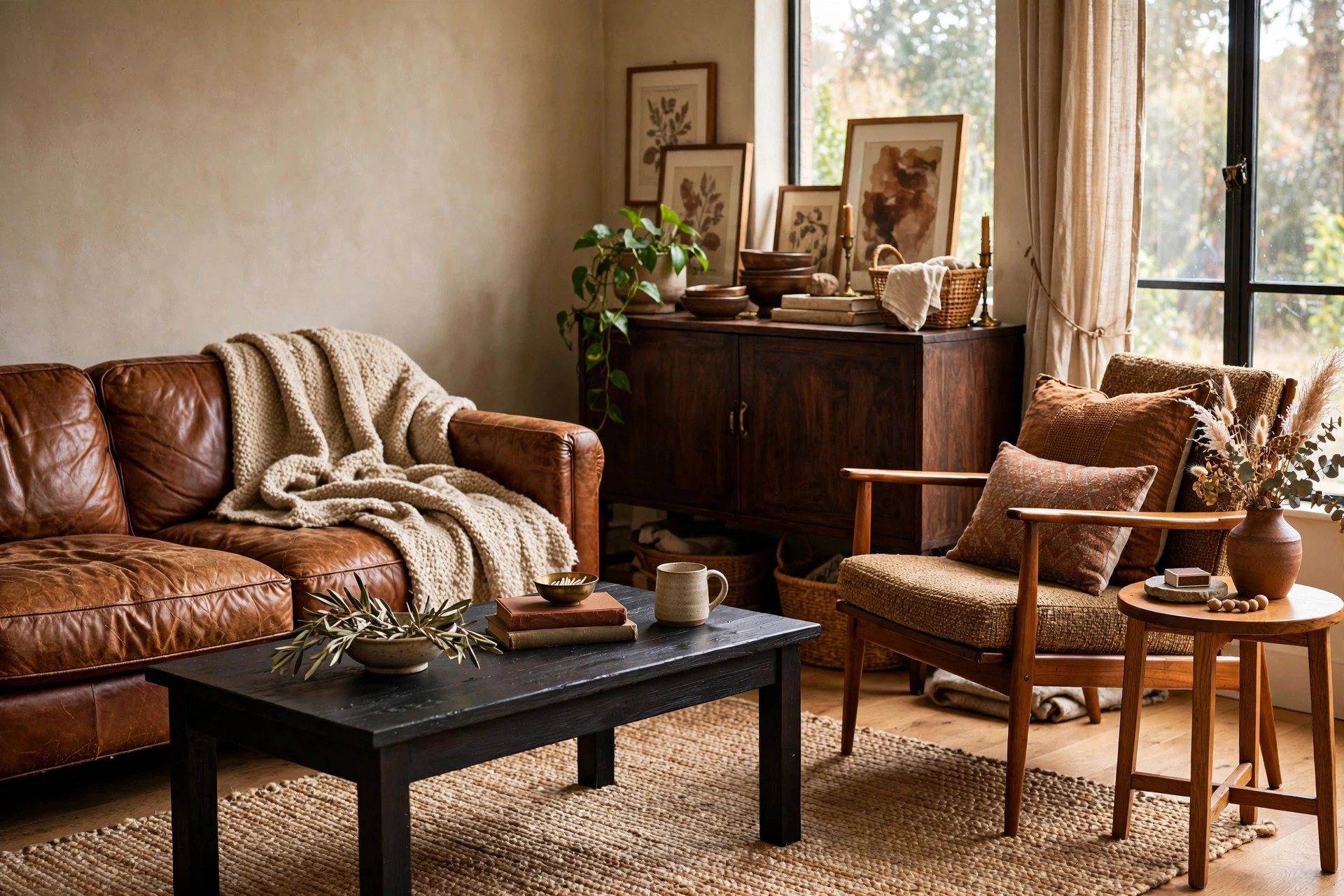 Eclectic brown living room mixing wood finishes, walnut furniture, honey oak side table, dark stained beams and a leather sofa