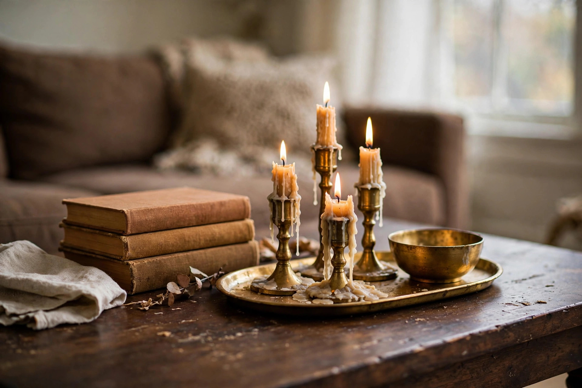 Gold tray, brass candle holders and a gold bowl styled on a dark wood coffee table