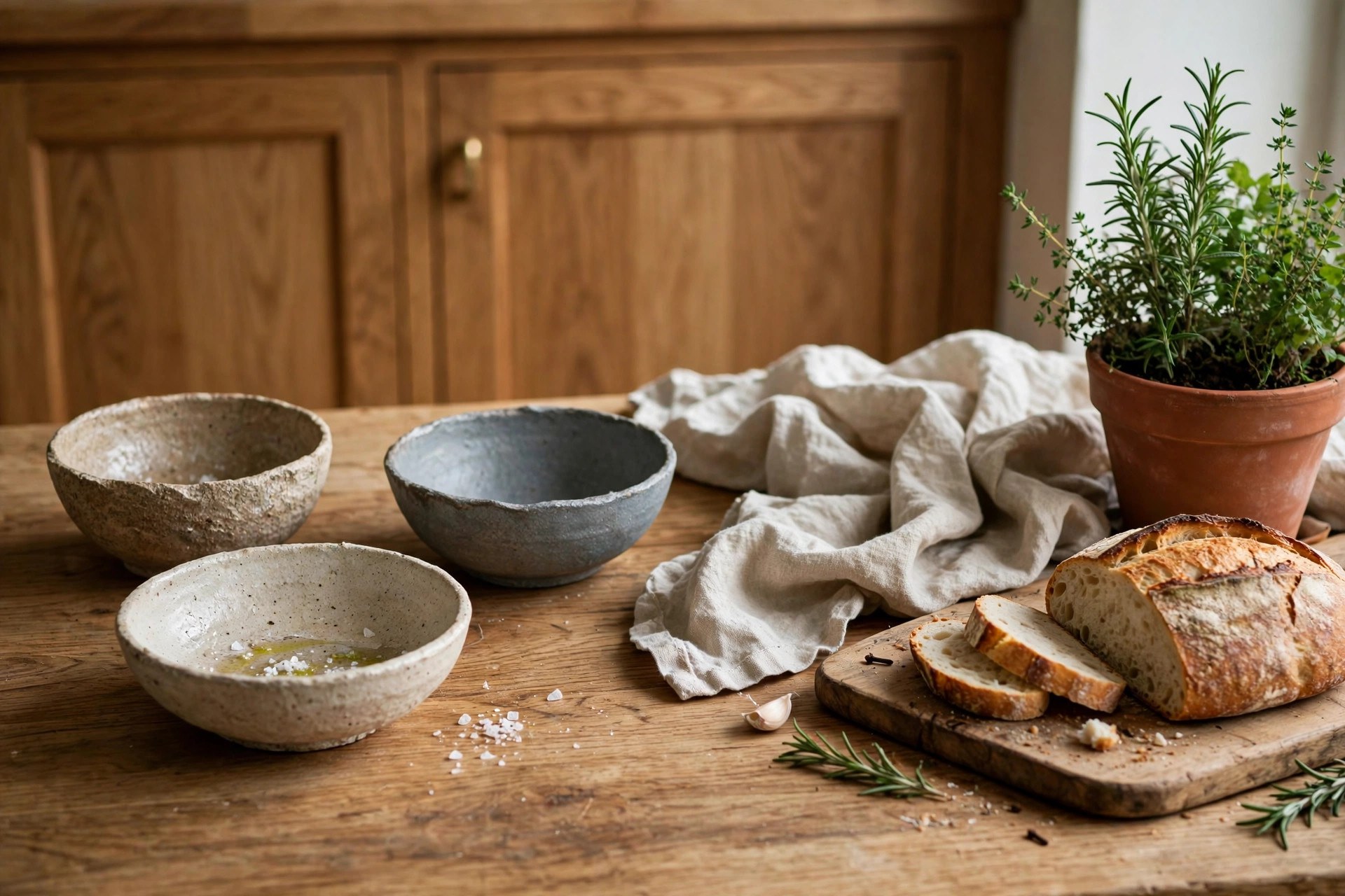 Styling warm wood cabinets with stoneware, linen and fresh herbs on a wooden worktop