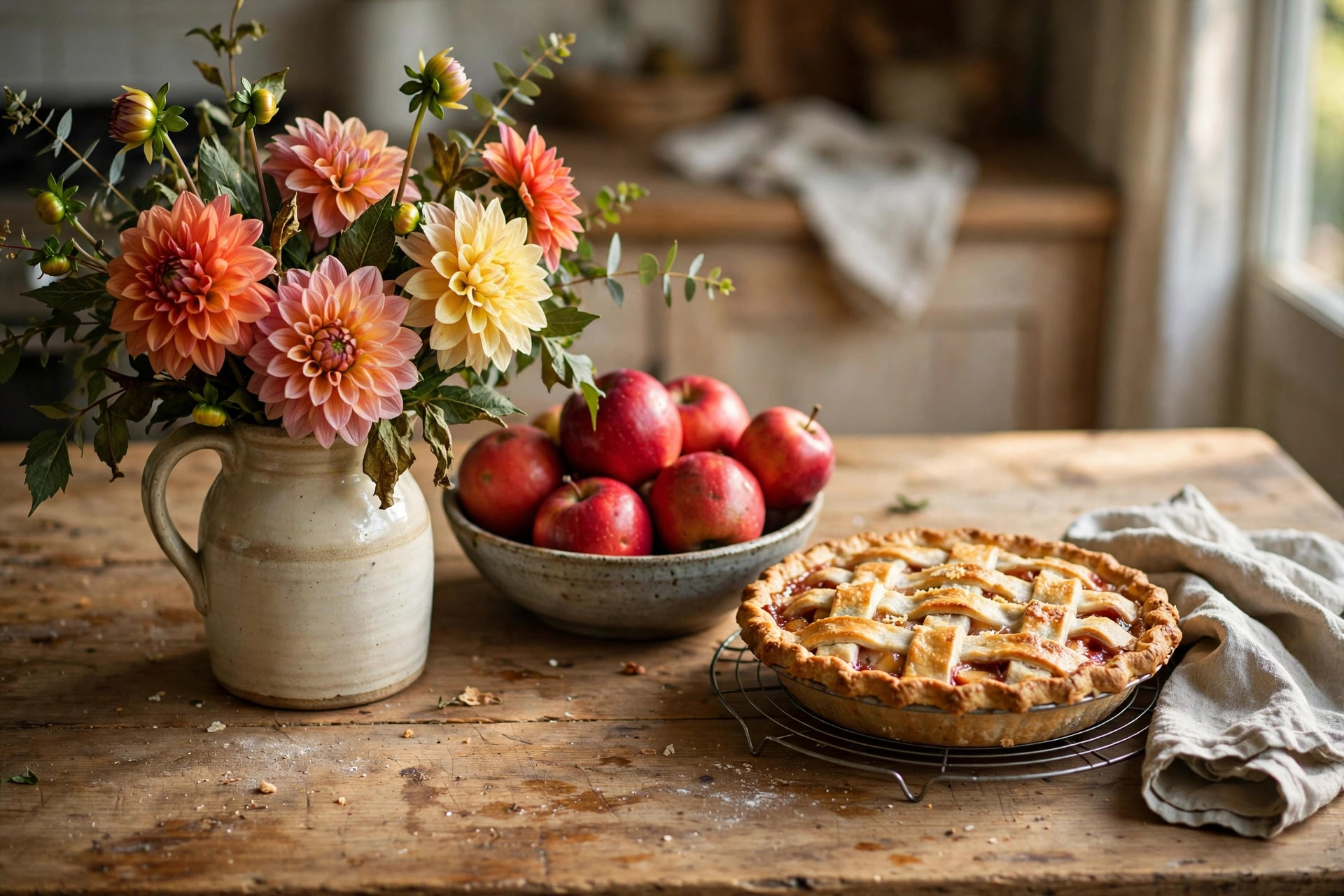 Wooden counter with a jug of dahlias, a bowl of red apples and a homemade pie cooling on a rack