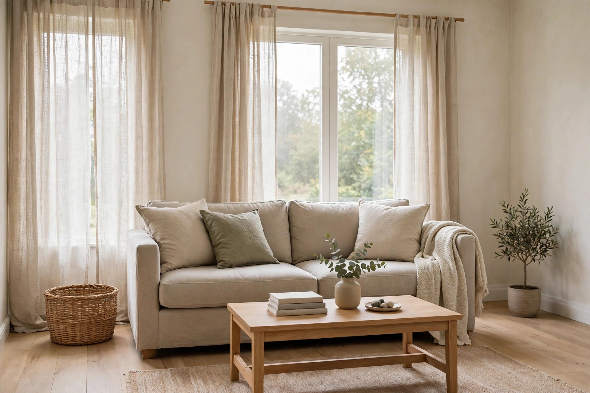 Finished living room makeover with clear floors, tidy surfaces and a calm uncluttered feel