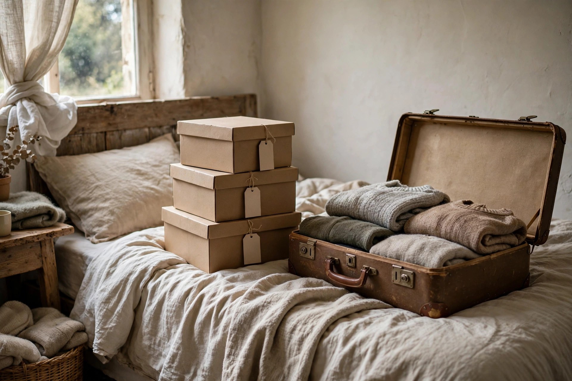 Labelled storage boxes stacked neatly for seasonal clothes rotation in a no closet bedroom