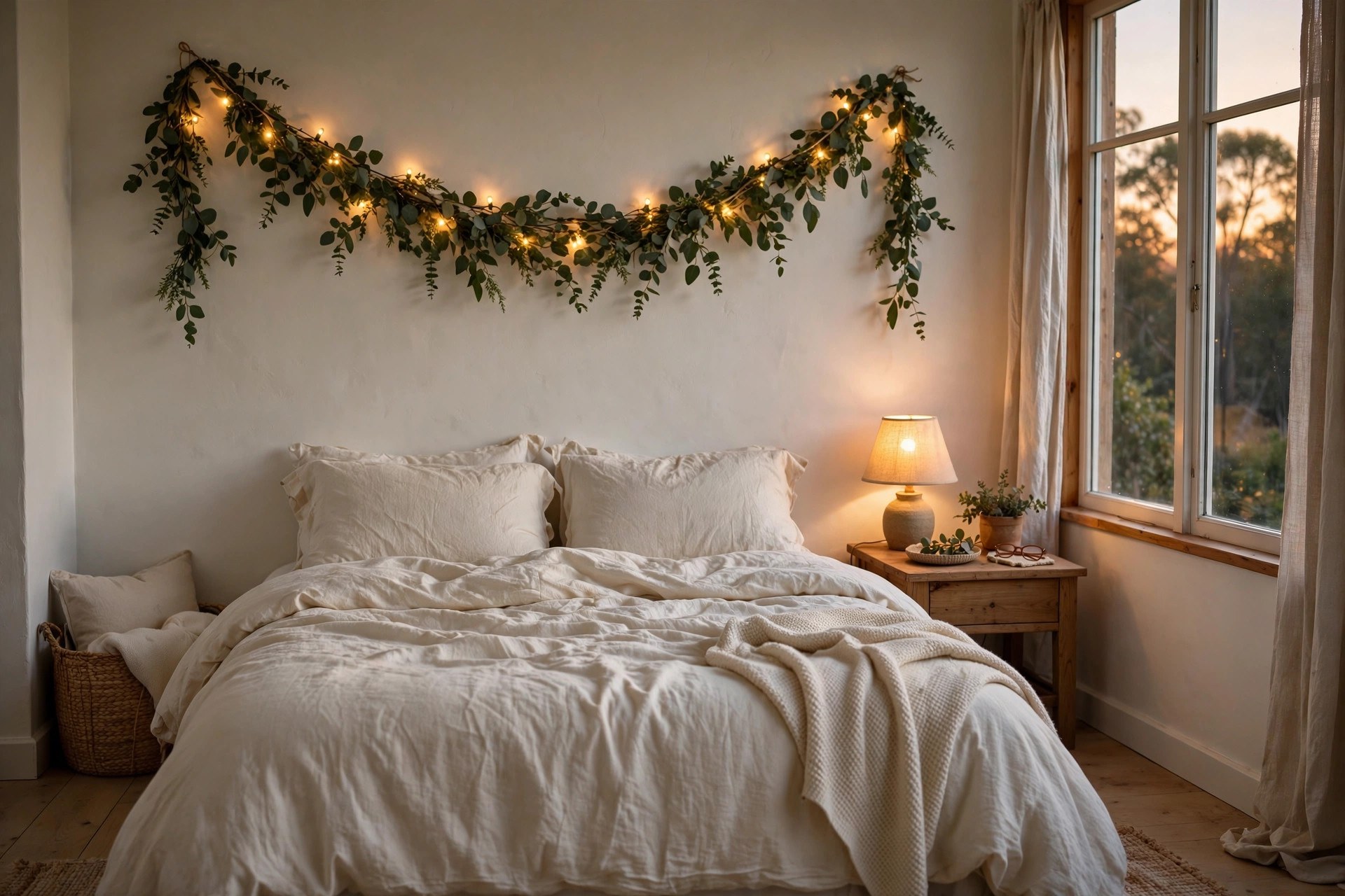 Eucalyptus garland and warm string lights draped above a bed with no headboard in evening light