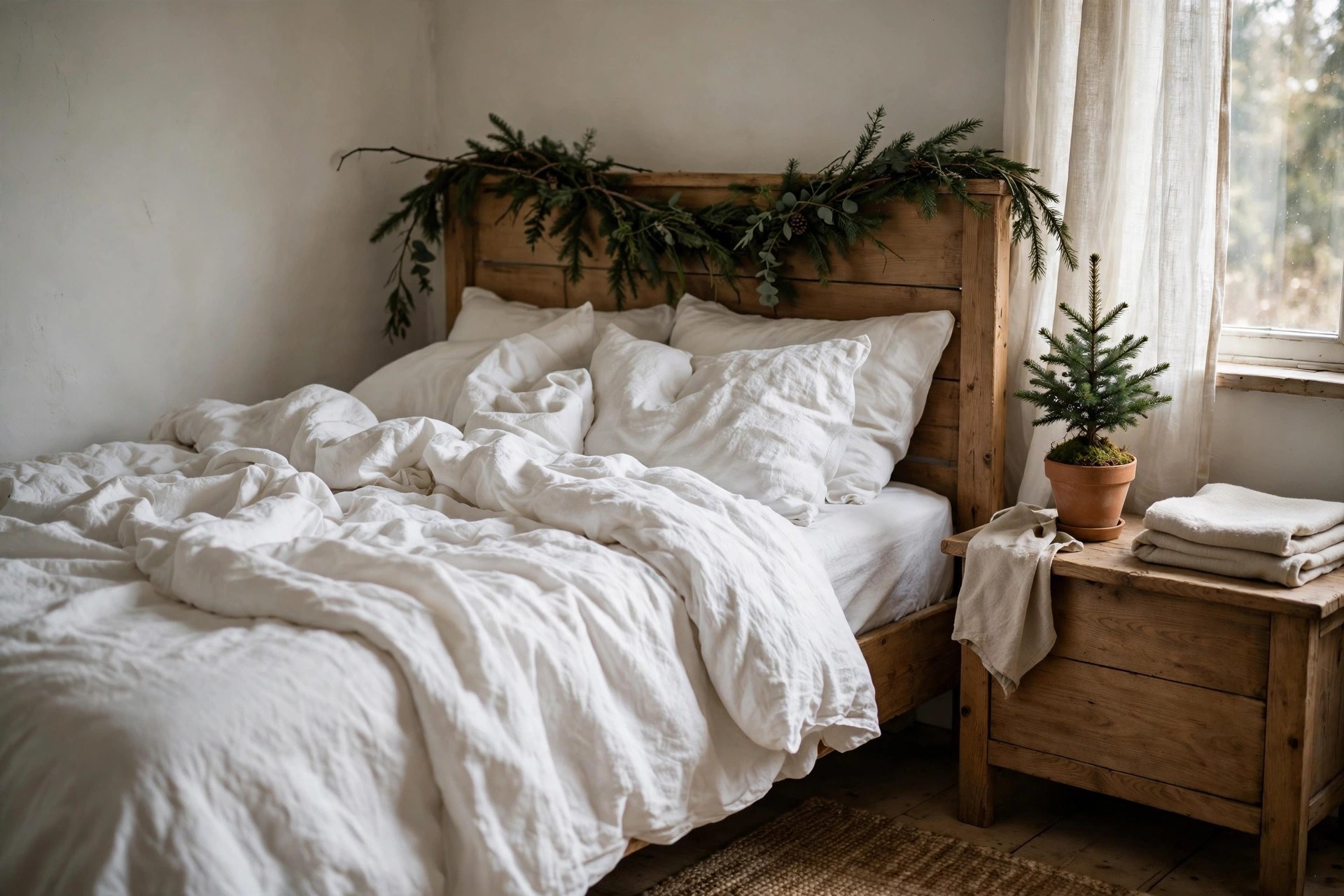 Calm uncluttered Christmas bedroom with simple white bedding, one garland and soft natural light