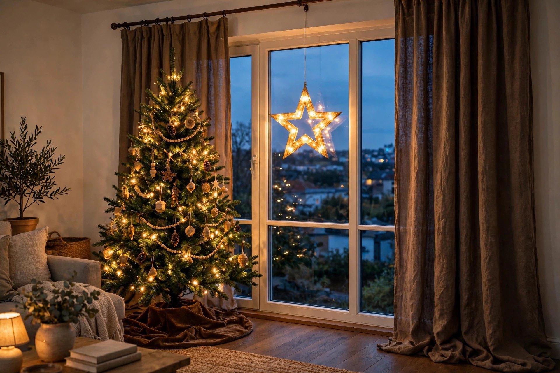 Window with warm gold star lights and brown linen curtains beside a Christmas tree with a brown velvet tree skirt