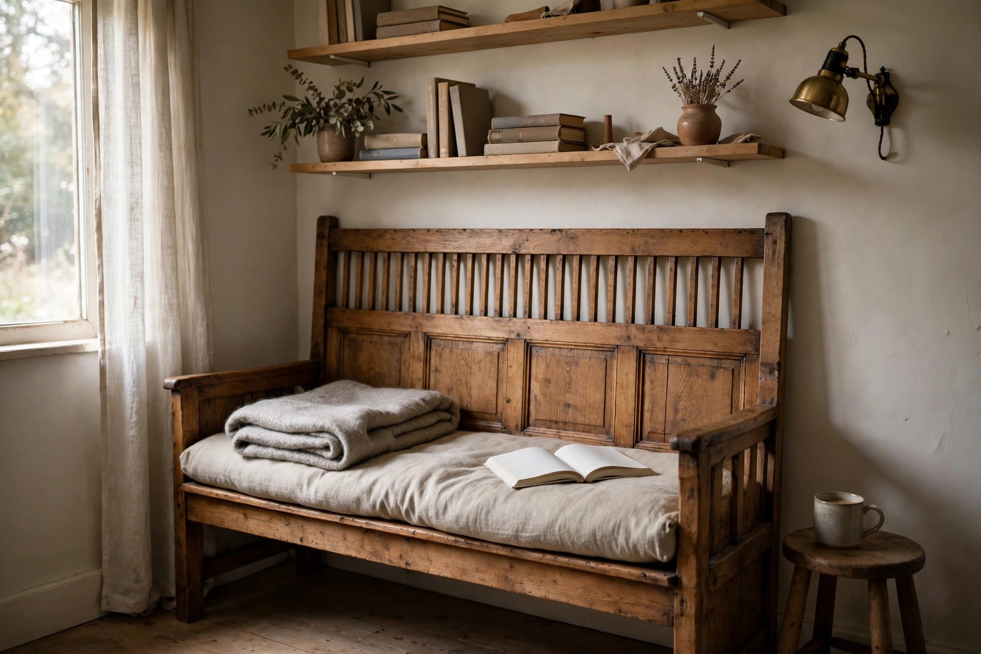 Wooden settle bench with a long cushion under bookshelves, a narrow reading seat for a small space with a folded throw and open book