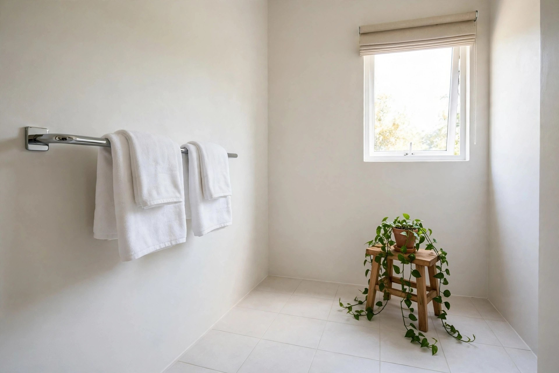 Minimal small bathroom with folded towels, one trailing plant and a clear floor