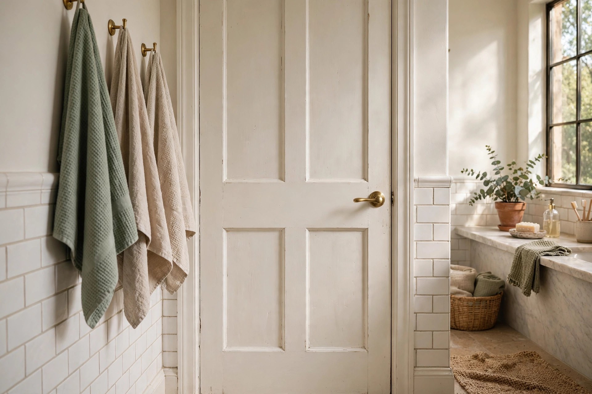 Freshly painted bathroom door with a brushed brass lever handle in a bathroom micro-makeover under $200