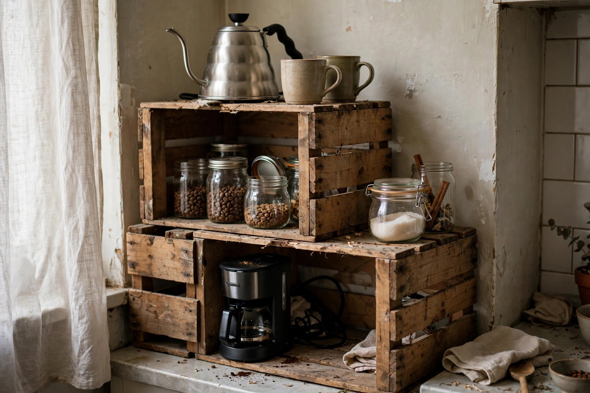 Rustic wooden crate coffee station with a kettle, mugs, jars and a small coffee maker in an apartment kitchen
