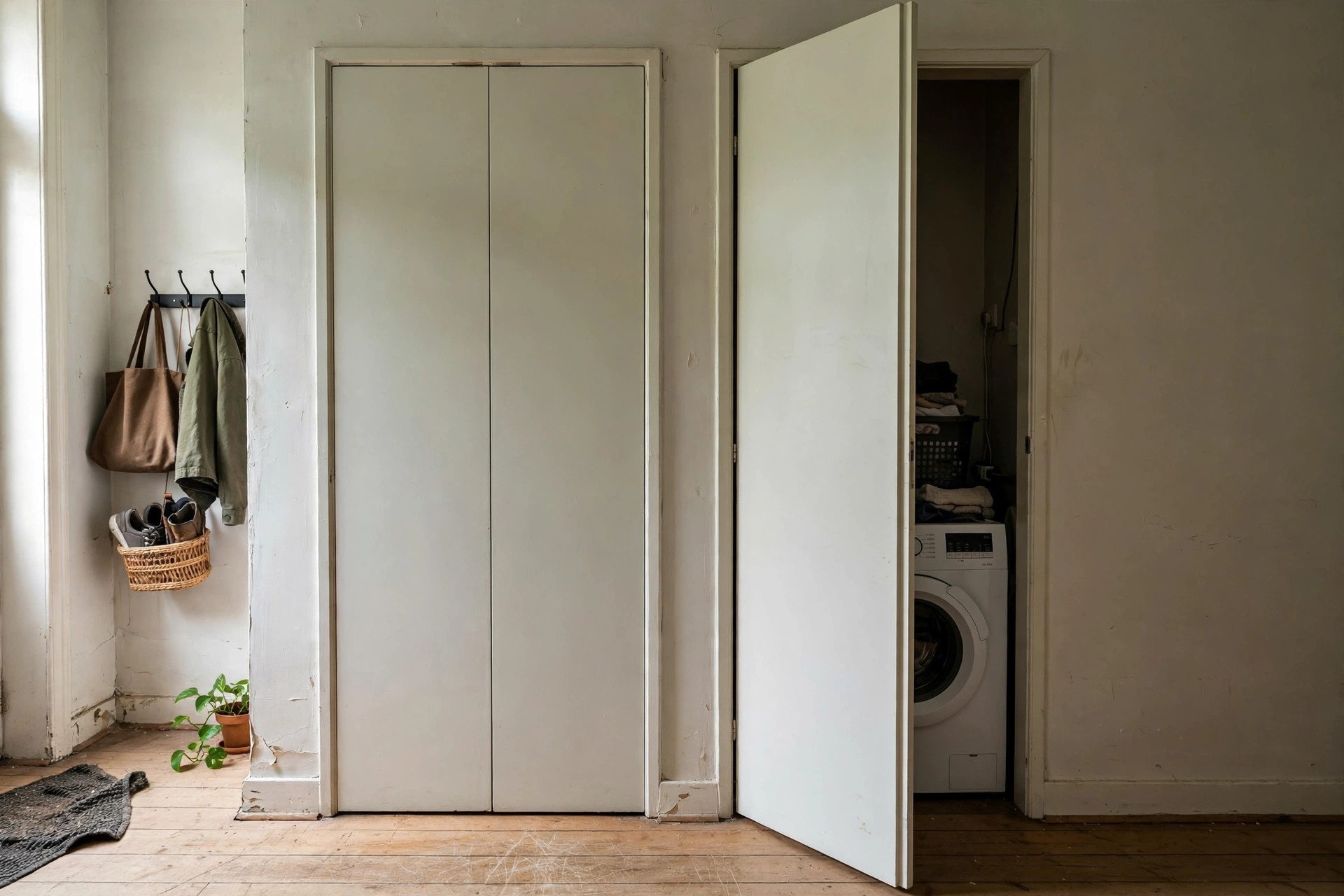 Hallway alcove laundry area concealed behind full-height doors in an apartment