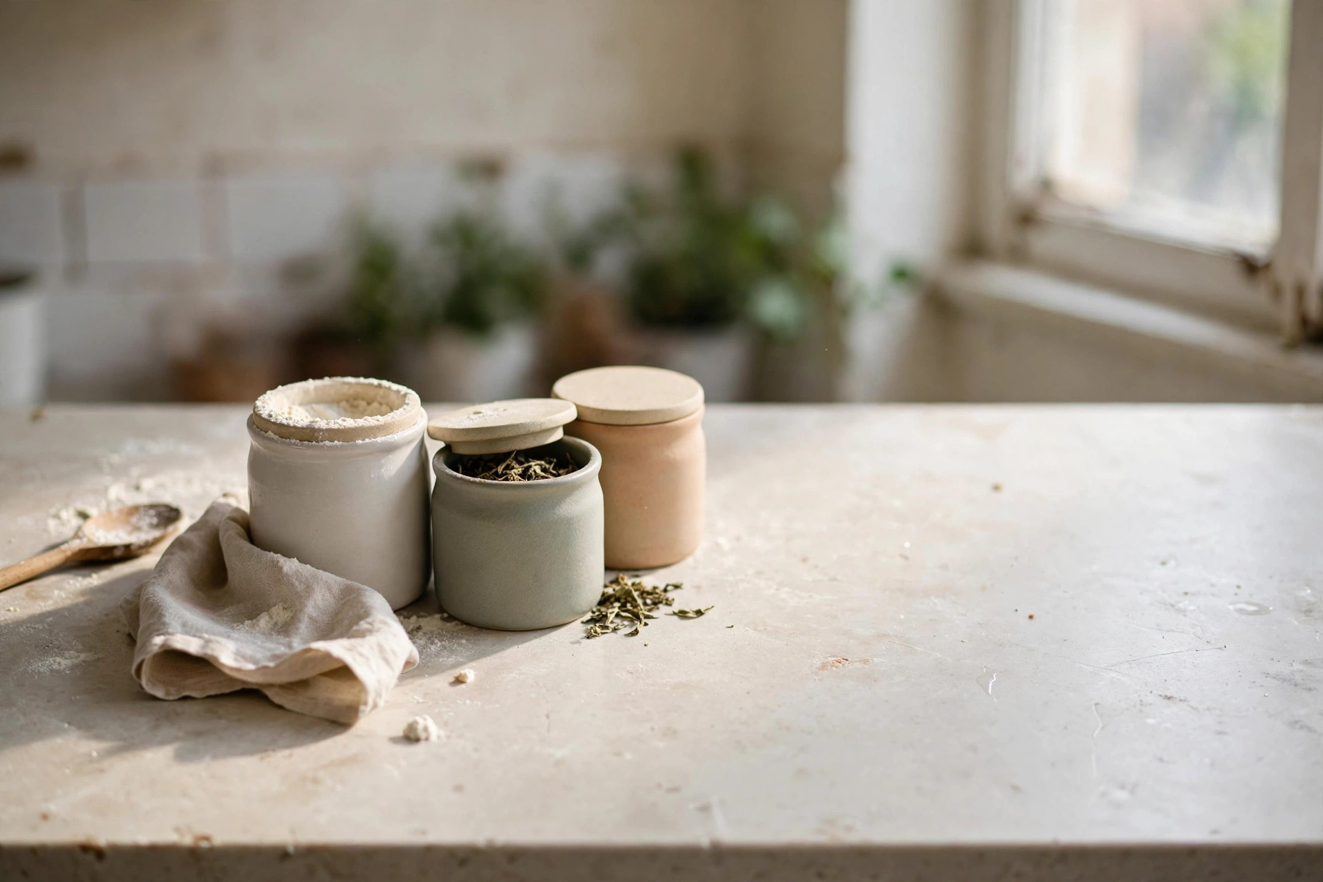 Small labelled canister set kept minimal on a kitchen counter with tea and flour