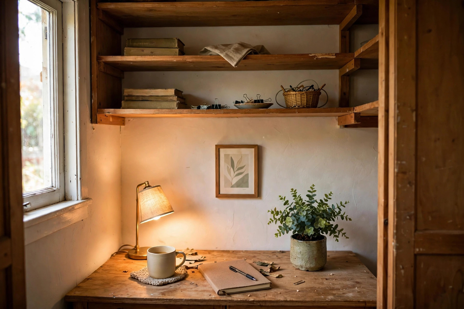 Cosy cloffice finished with framed art, a small potted plant and personal touches on the desk