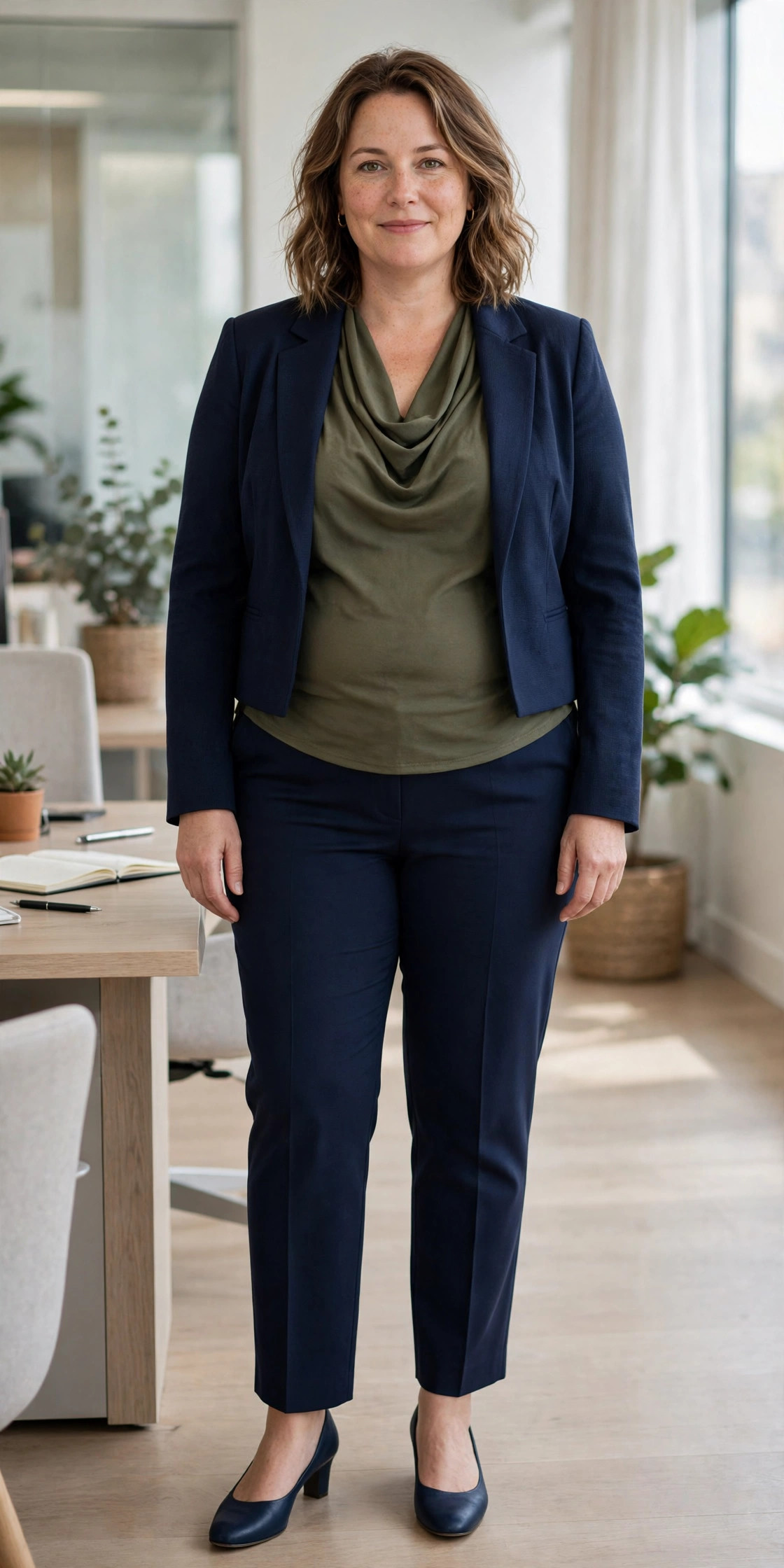 Woman wearing a cropped navy jacket over an olive draped cowl-neck top and navy trousers