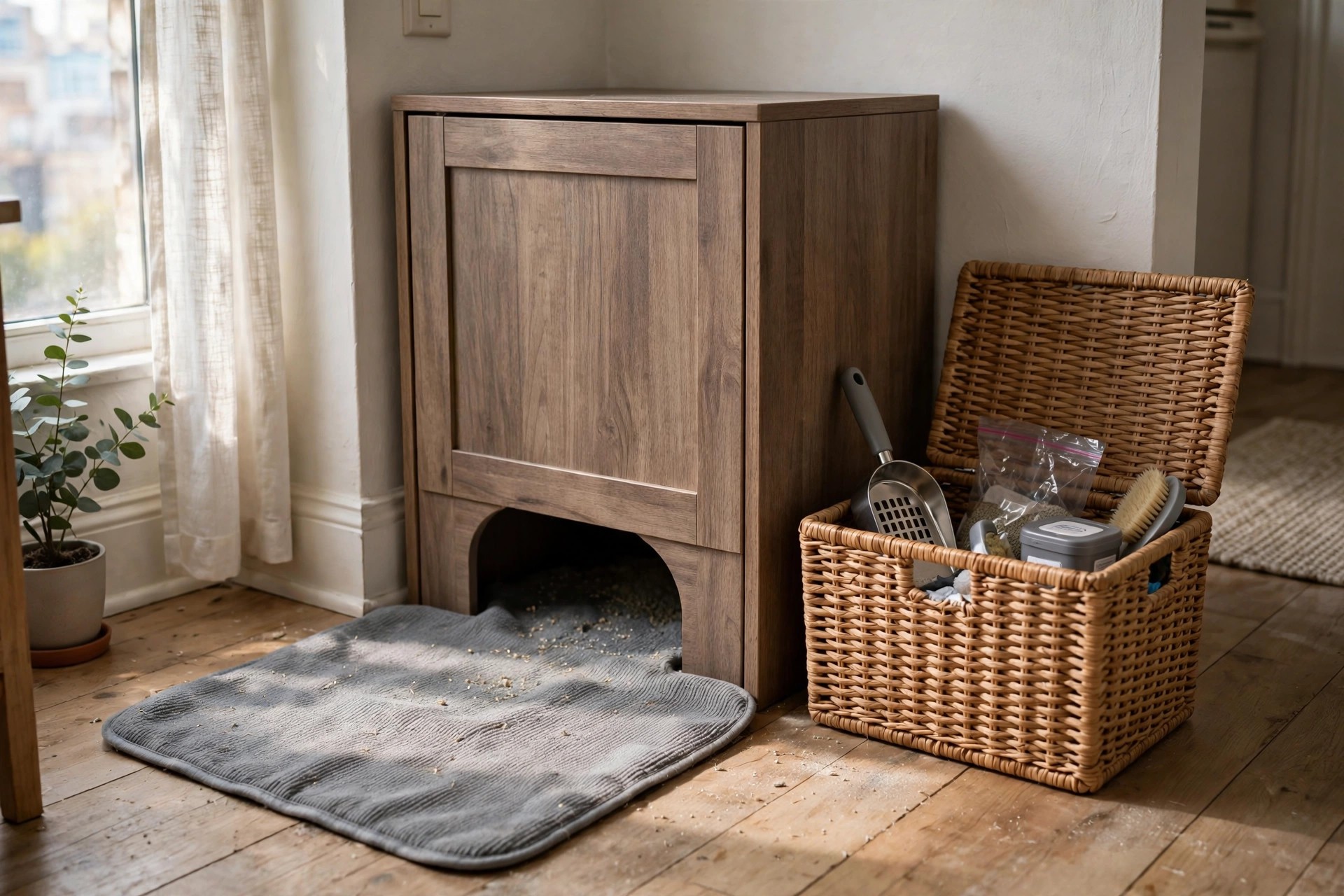 Washable litter mat and covered storage basket keeping a hidden litter corner fresh and tidy