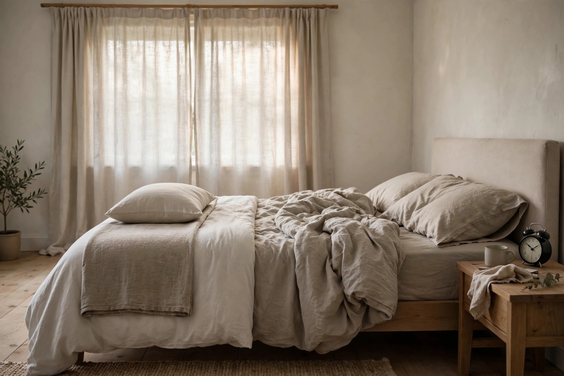 Calm morning bedroom with an alarm clock on one bedside table and soft curtains still drawn