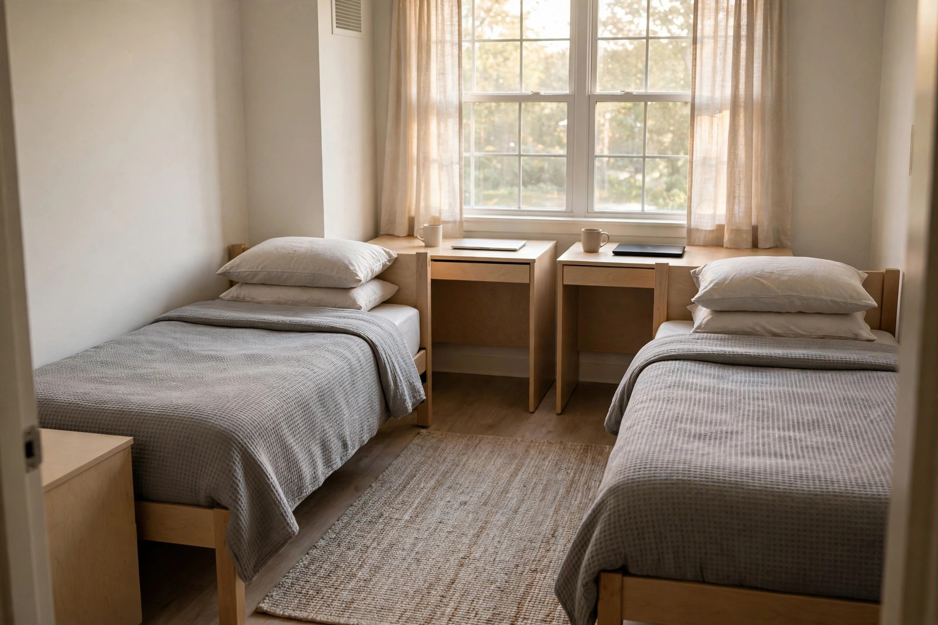 Freshly tidied shared dorm room with both beds neatly made, clear desks and a straight rug in afternoon light