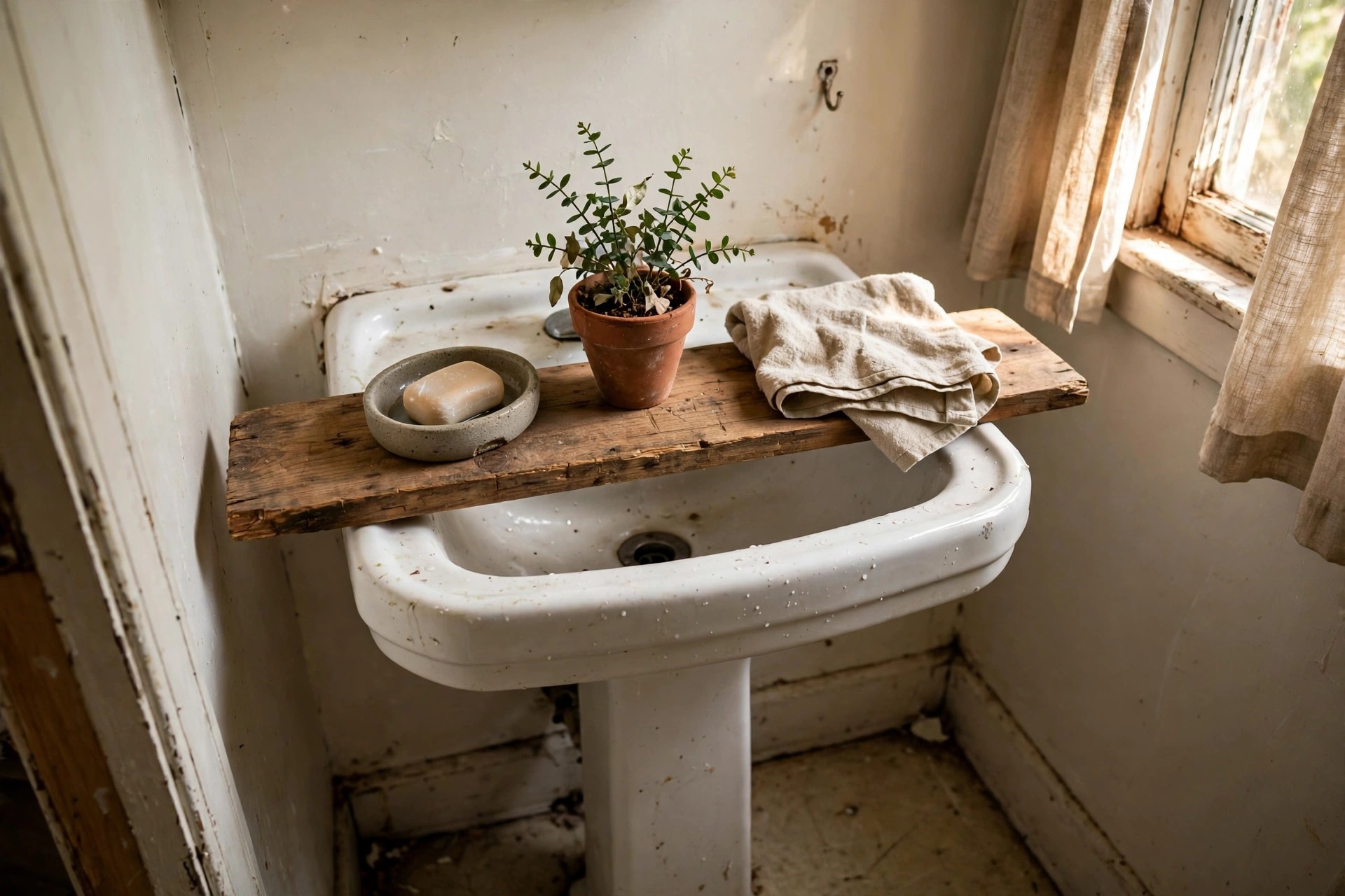 Wooden shelf board across a pedestal sink with soap and a plant in a renter friendly bathroom idea with no drilling