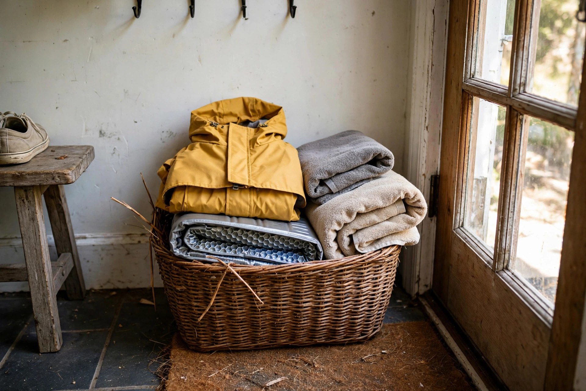 Seasonal basket with a dog coat and folded towels in an entryway idea for dog owners