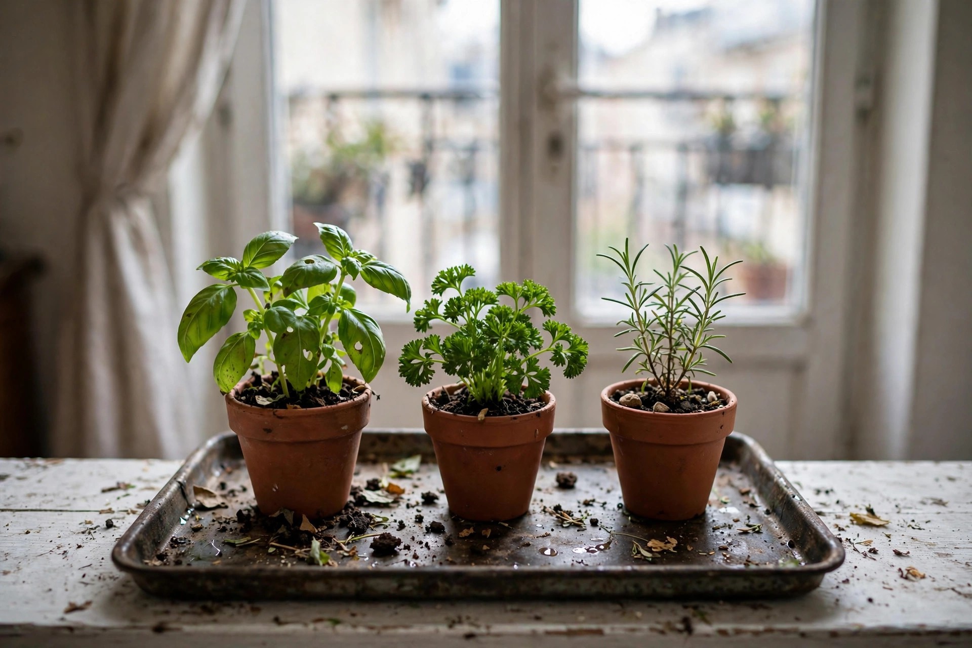 A tray of potted herbs on an indoor windowsill ready to overwinter from an apartment balcony herb garden