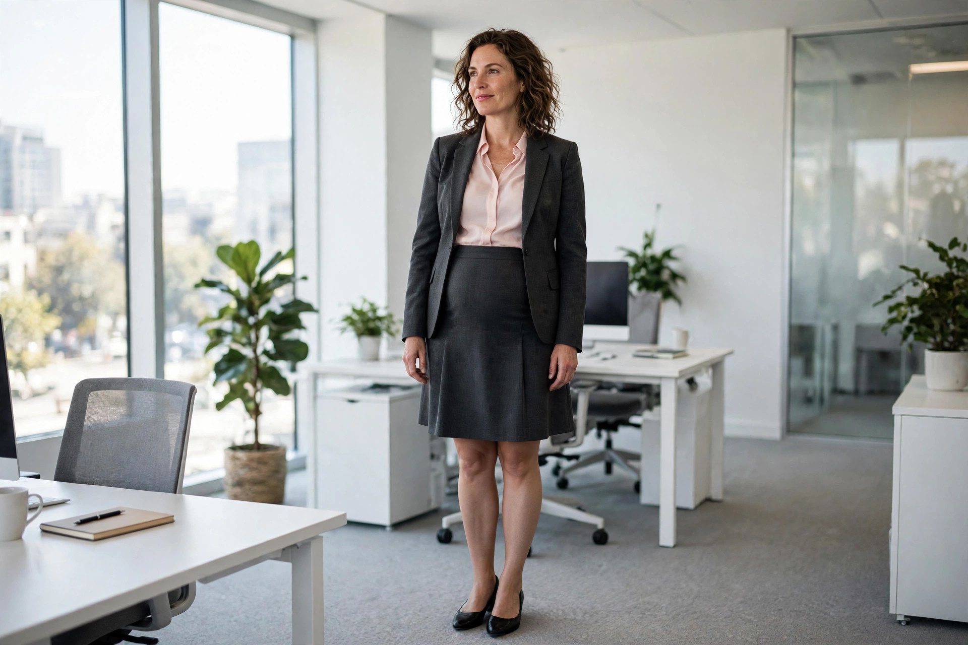 Woman in a charcoal structured blazer, pink blouse and charcoal A-line skirt in a modern office