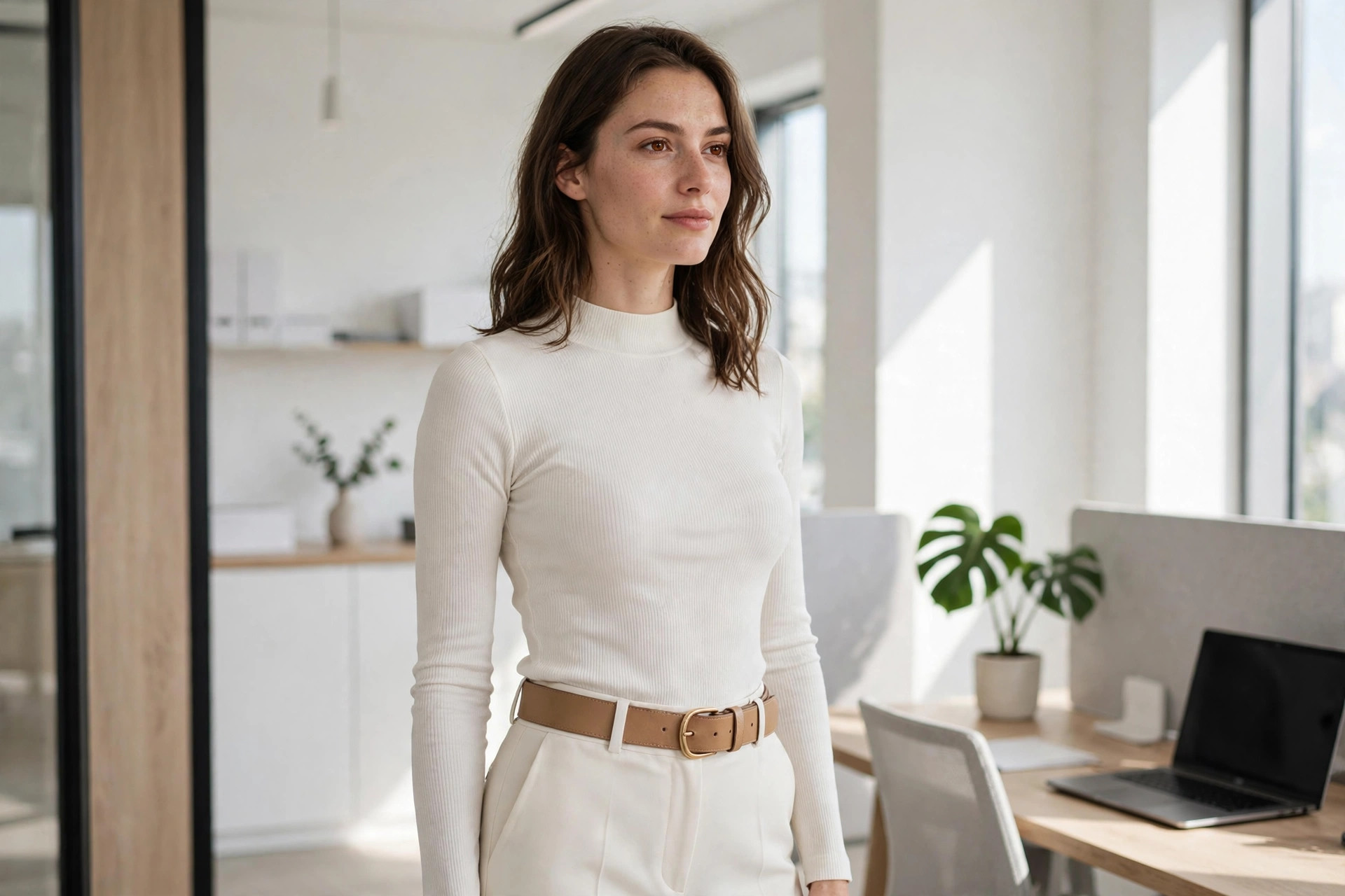 Hourglass woman in an ivory monochrome outfit cinched with a wide tan belt in an office