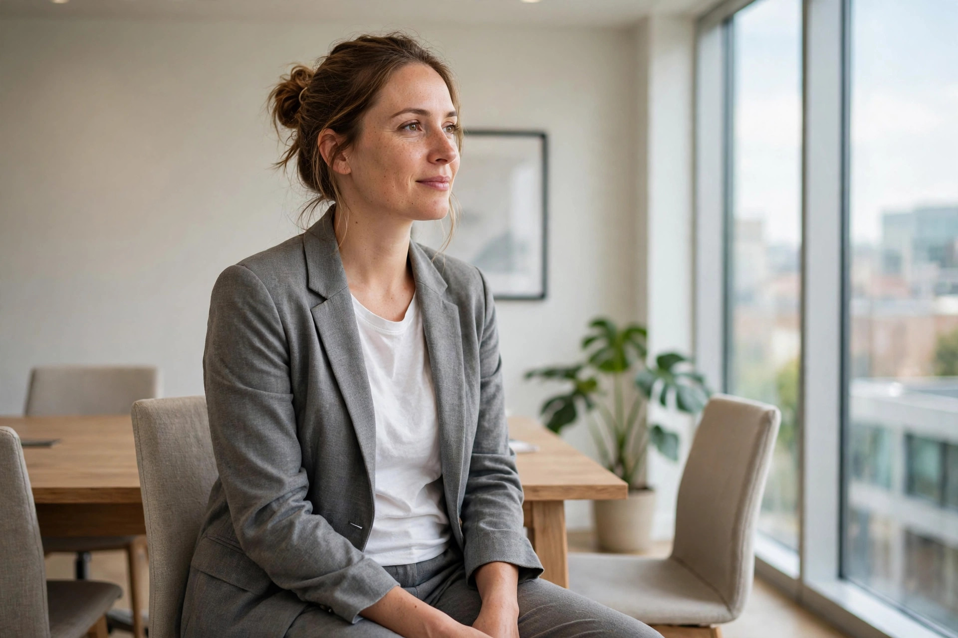 Woman wearing a relaxed grey trouser suit with a white tee in an office meeting room