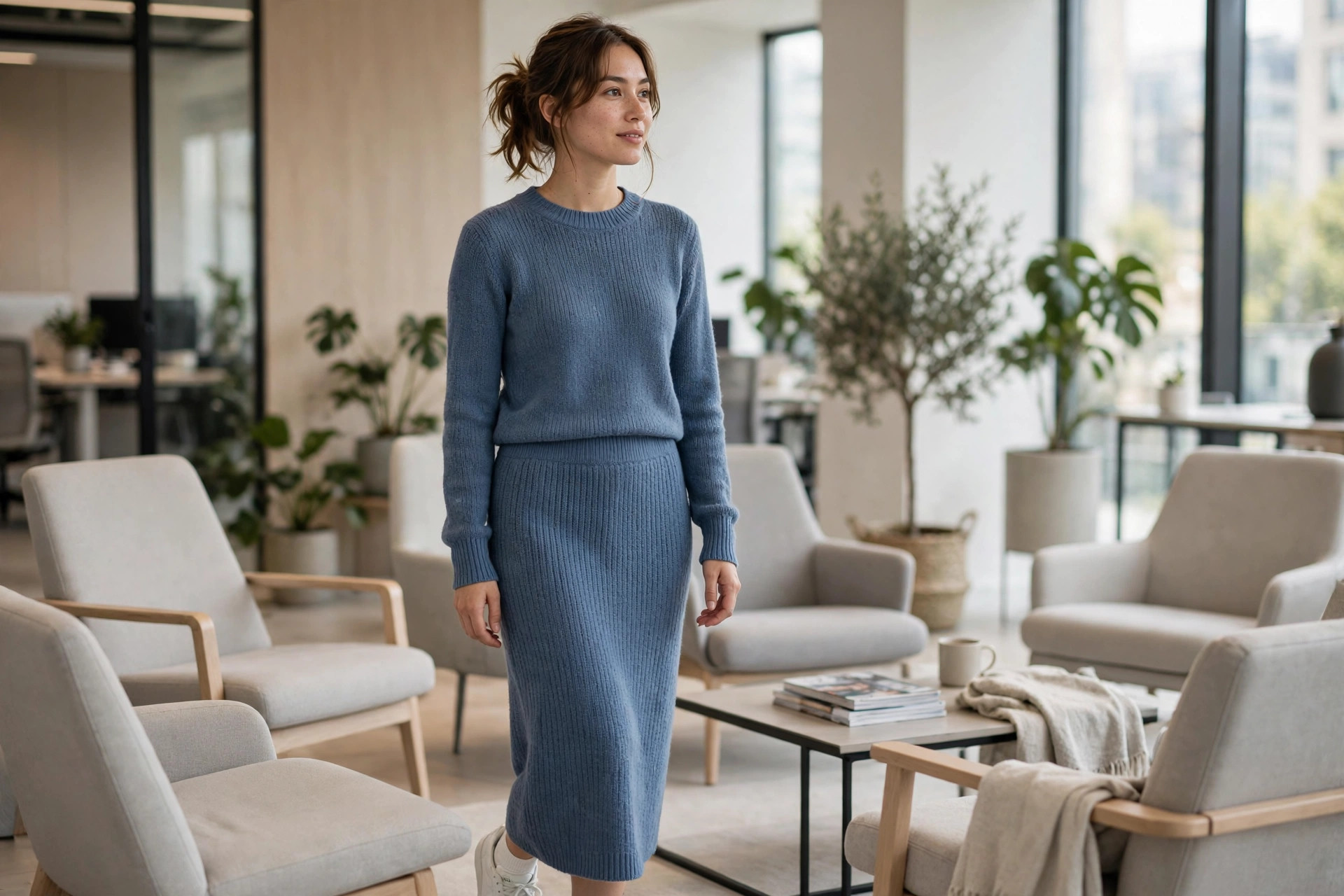 Dusty blue matching knit top and midi skirt co-ord set with white sneakers in an office lounge