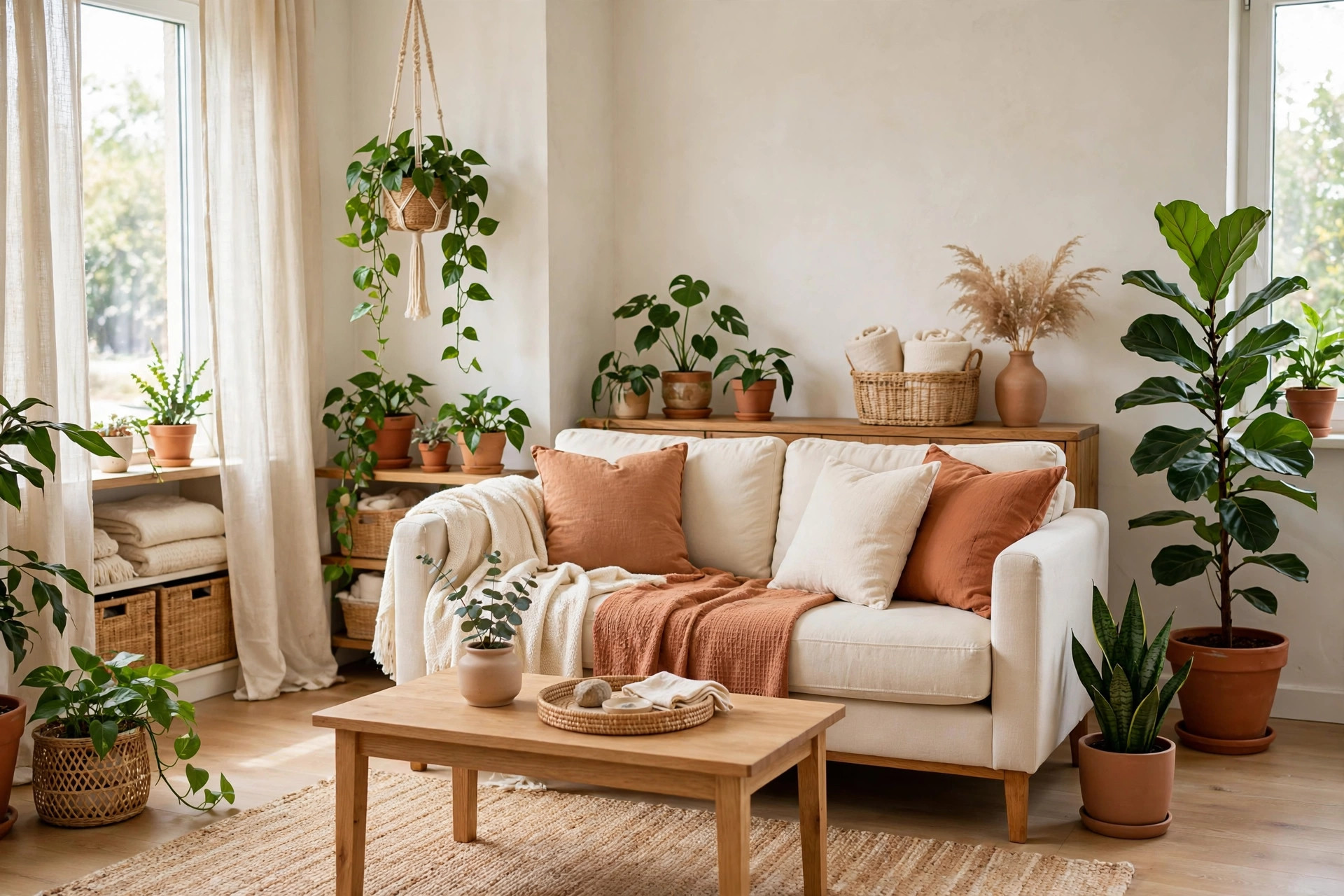 Finished first apartment living room with lush houseplants and cream and terracotta cushions and throws on a white loveseat