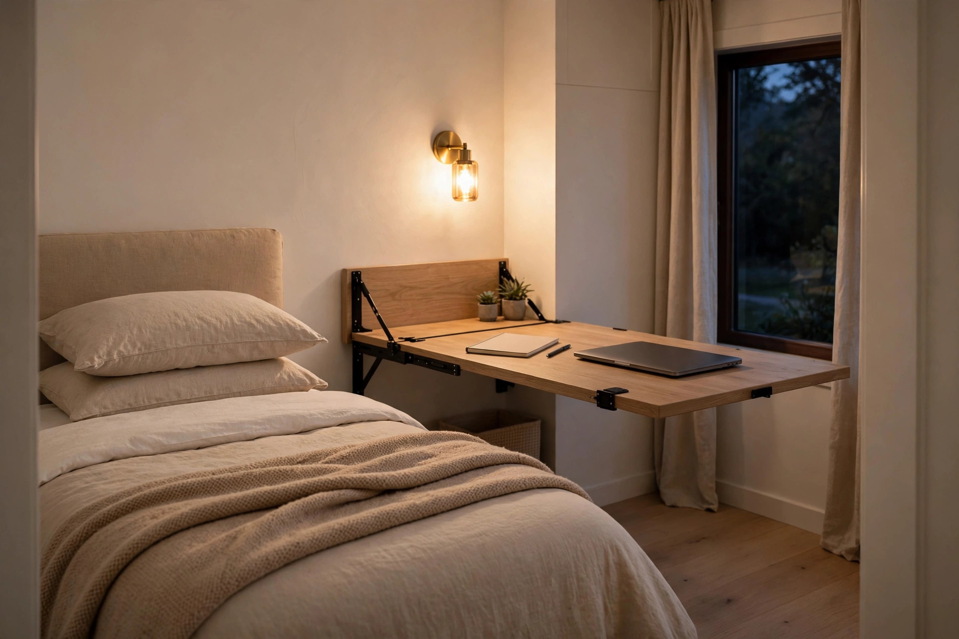 Fold-down desk open under a warm wall sconce in the evening beside a cozy neatly made bed