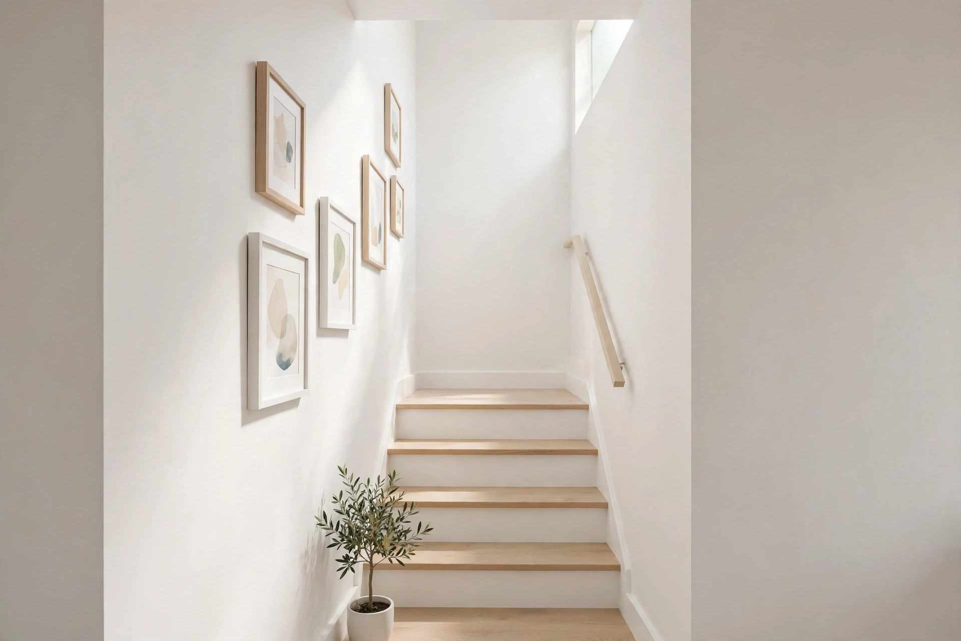 Small pale frames with generous spacing on a light airy narrow staircase