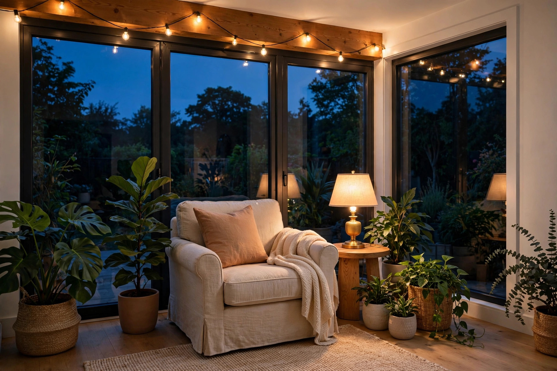 Sunroom at dusk with a lit table lamp, warm string lights and a cream armchair among green plants