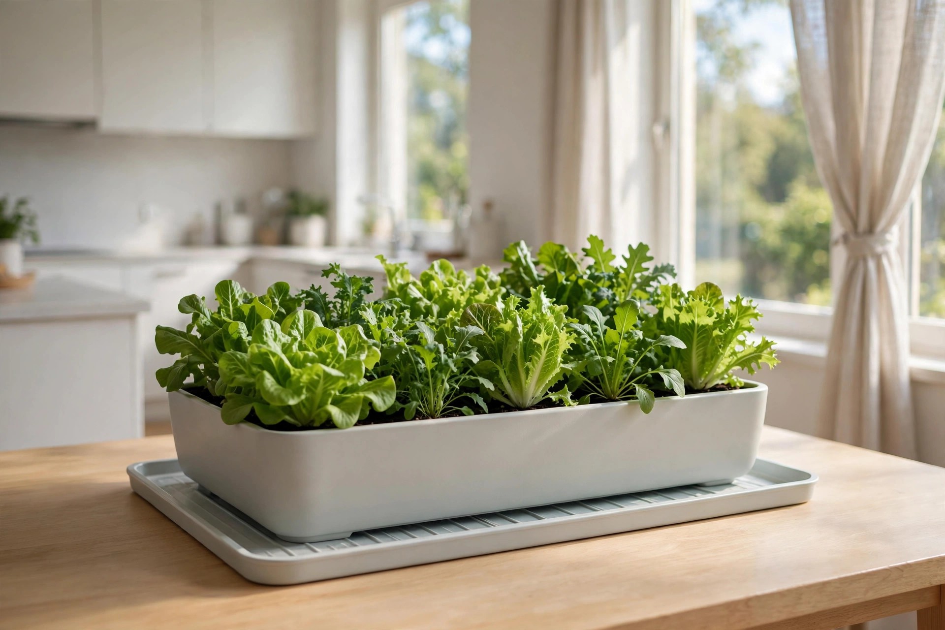 Indoor salad garden of lettuce and leafy greens in a wide shallow white planter on a tray by a window