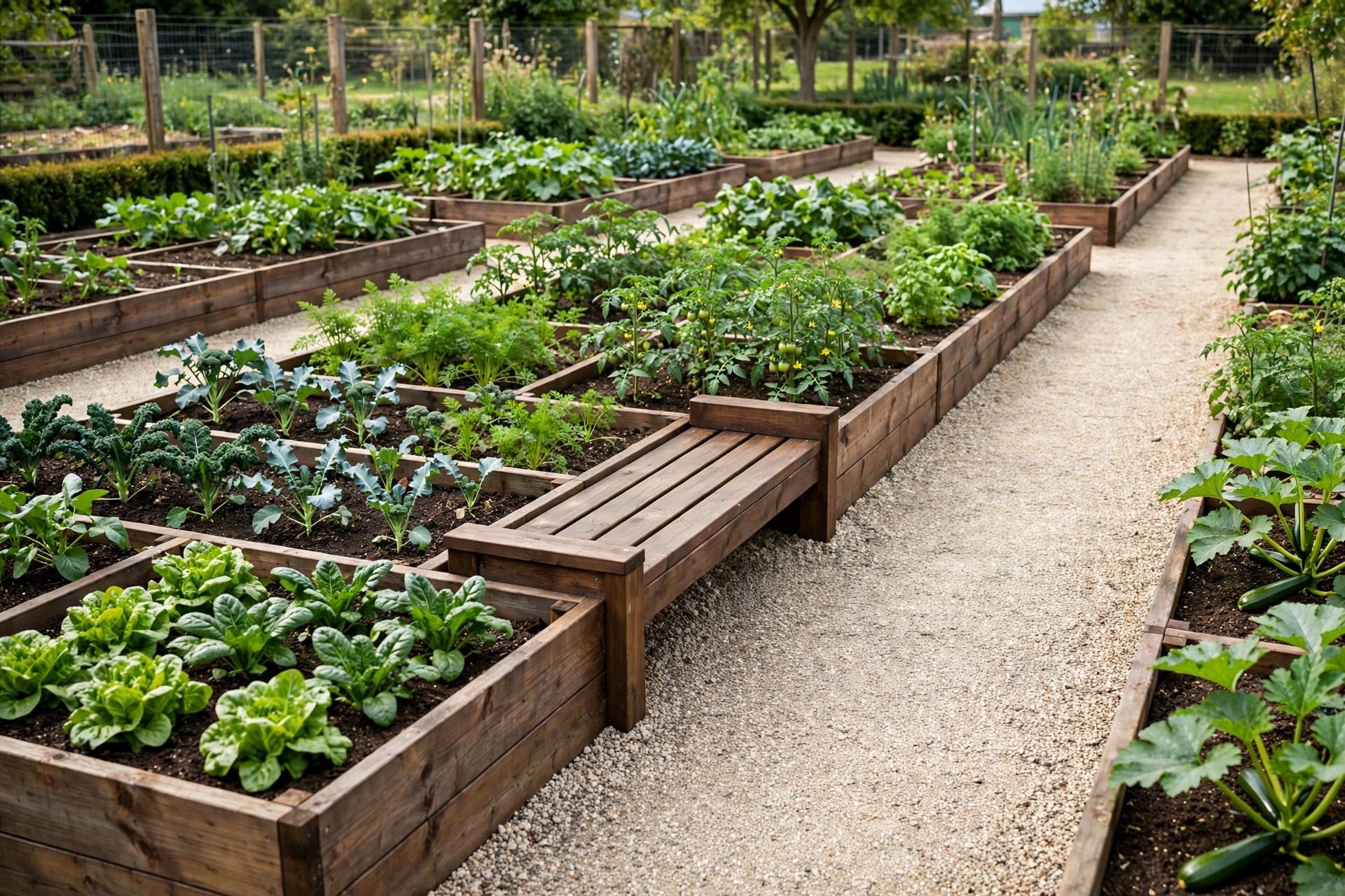 Long community-style raised beds in sections with a built-in bench rest point