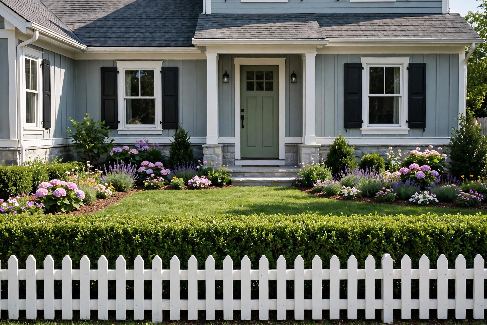 Low green hedge and white picket fence edging a tidy front yard garden