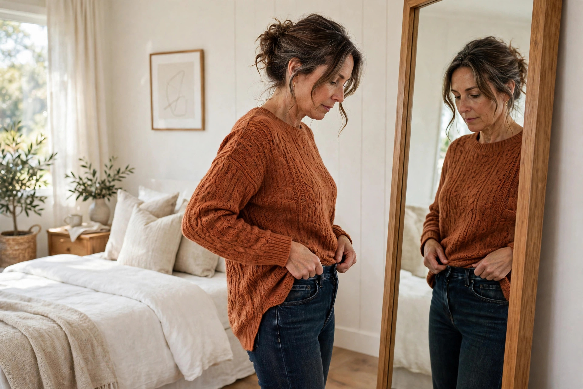 Woman half tucking a rust knit into her jeans at a mirror