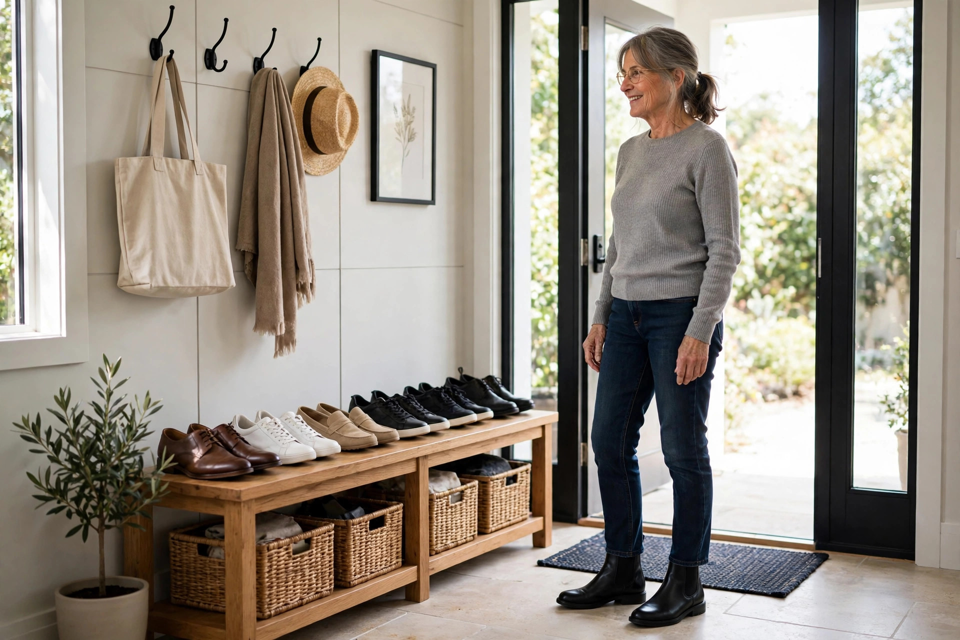 Woman in dark jeans and polished black Chelsea boots by a tidy shoe bench