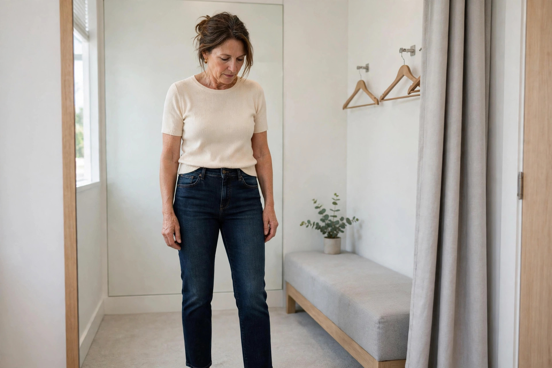 Woman checking a straight leg jeans fit in a fitting room mirror