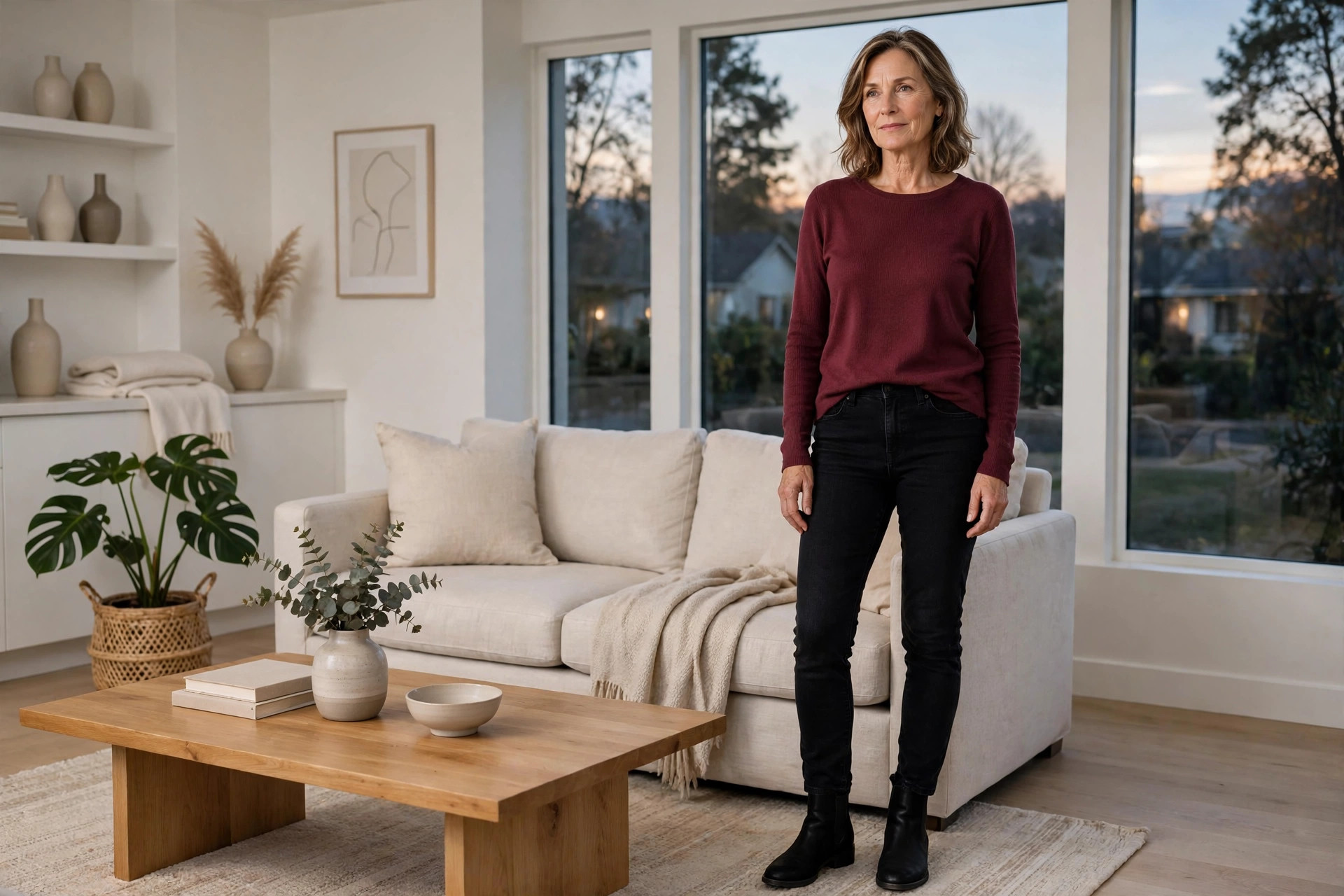 Woman in true black jeans, a burgundy top and black ankle boots in evening light