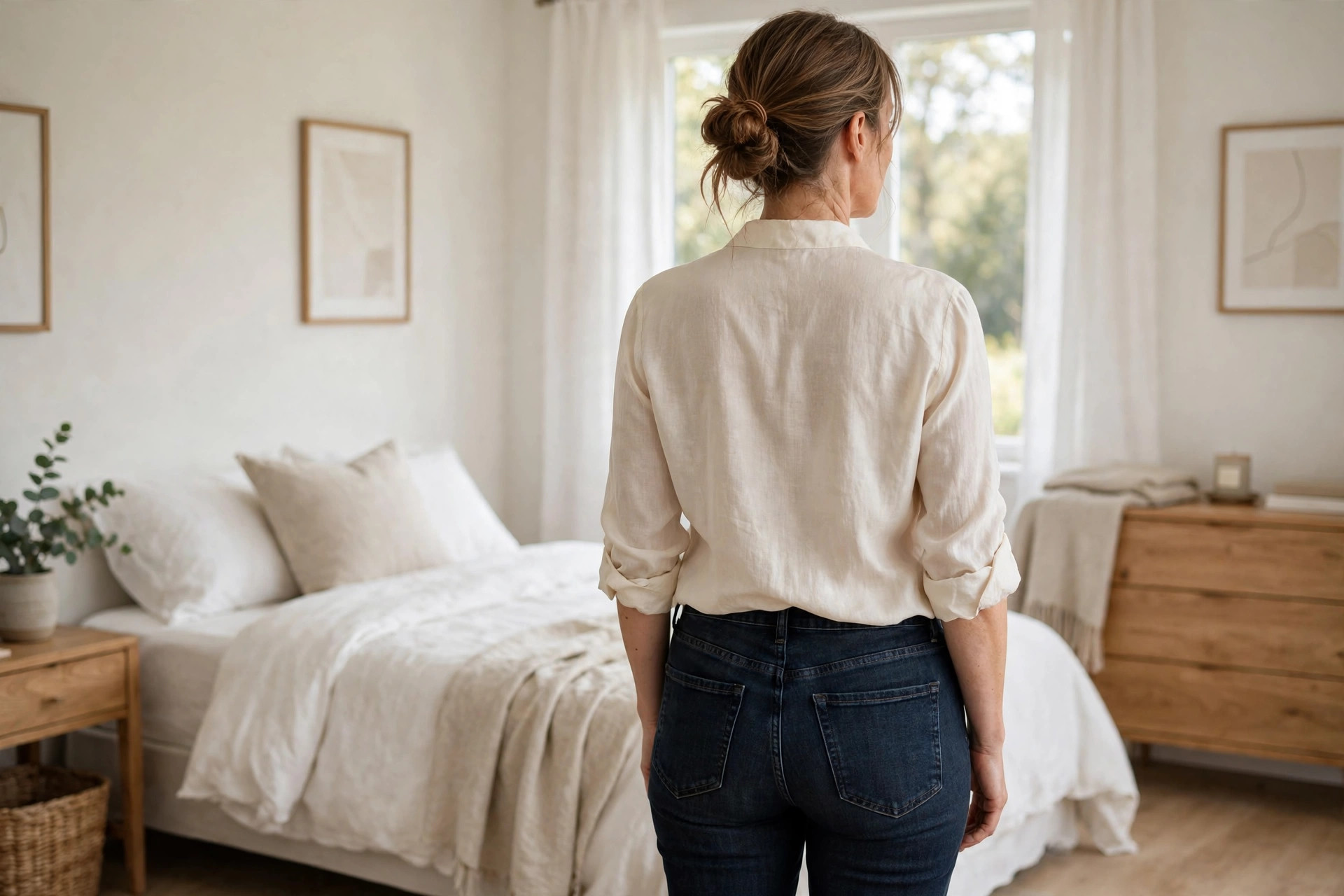 Rear view of plain back pockets on jeans with a cream blouse