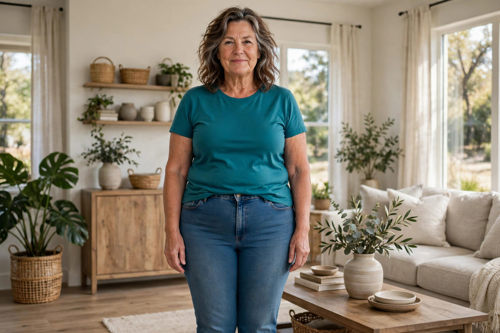 Woman in jeans that sit smooth across the hips with a teal top