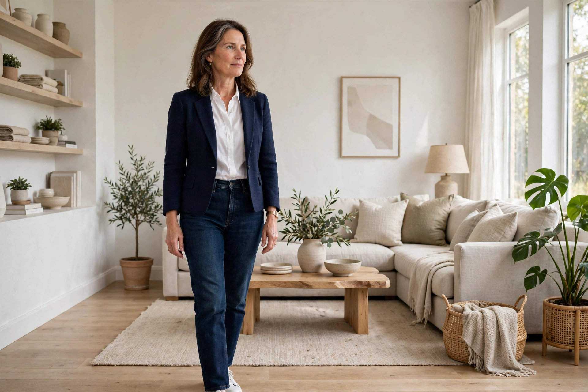 Woman in dark jeans with a shorter shaped navy blazer ending at her waist