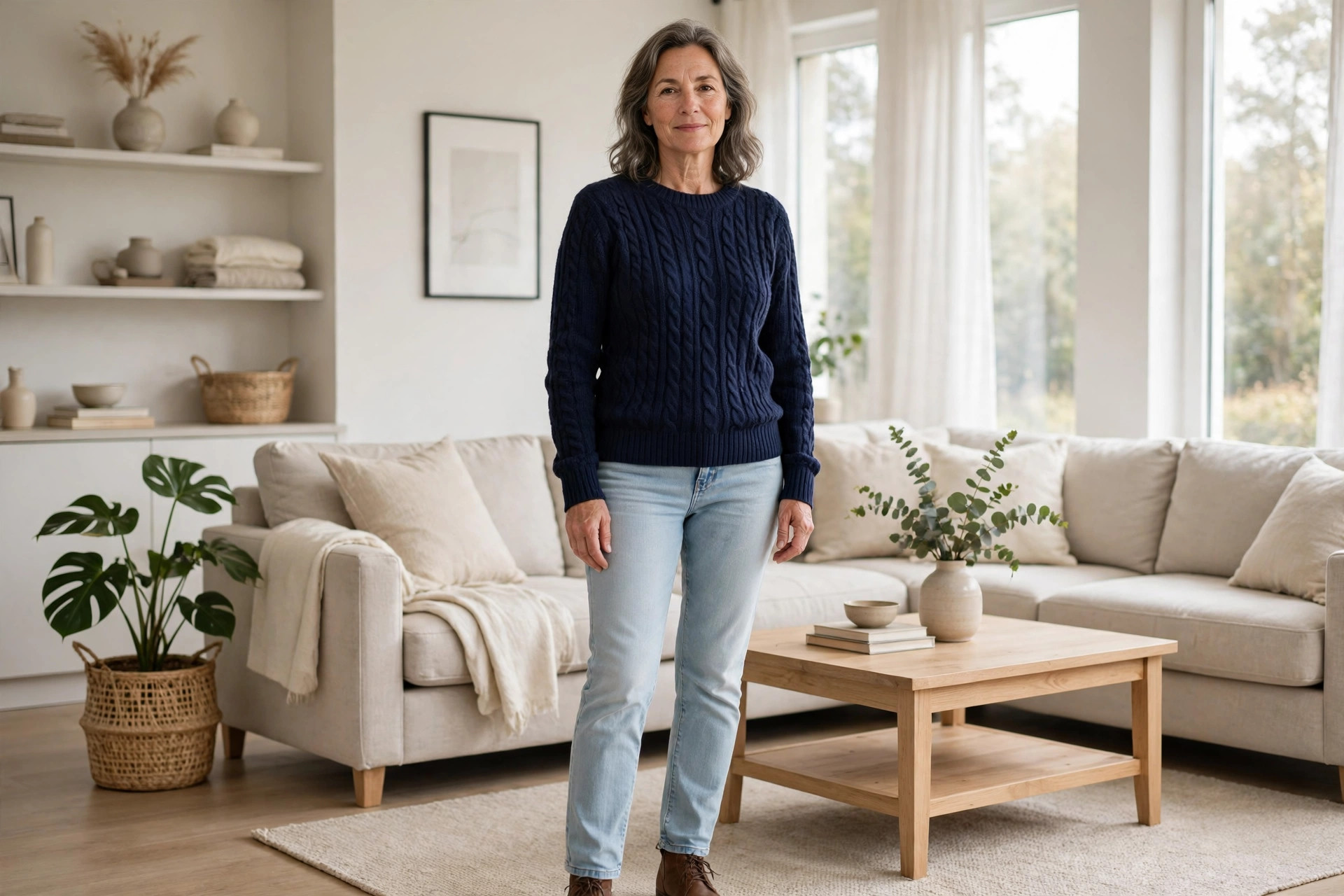 Woman in pale wash jeans paired with a deep navy sweater for contrast