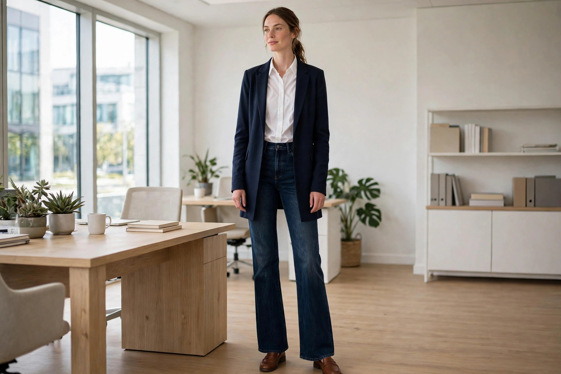Tall woman wearing dark wash extra long straight jeans reaching the top of the shoe with full length hem, white button shirt tucked in, belt, brown loafers, in a bright tidy office