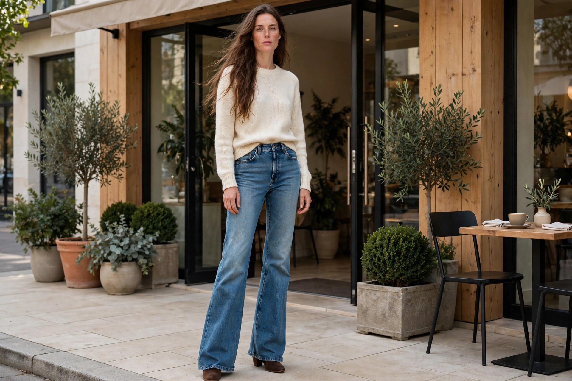 Tall woman wearing dark wash extra long wide leg jeans with hem grazing the shoe, fitted cream top tucked in, pointed flats, longline cardigan, at a tidy cafe
