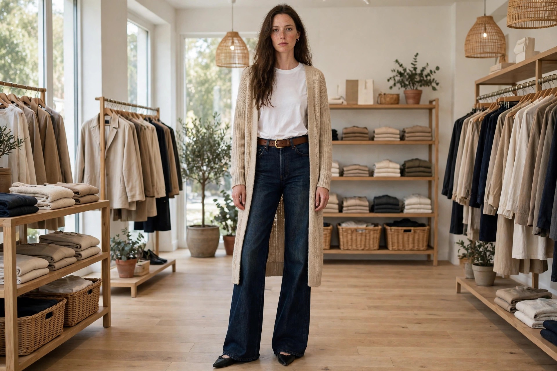 Tall woman wearing dark wash extra long bootcut jeans covering the heel of the boot, fitted deep burgundy knit top, heeled ankle boots, at a tidy evening venue
